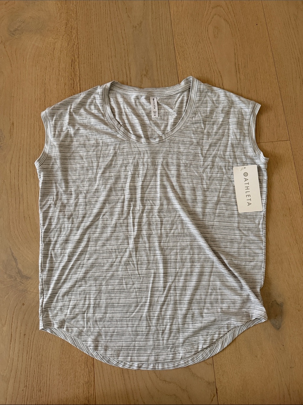 Athleta Stratus Breezy Gray & White Striped Tee